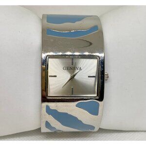 Geneva women cuff bracelet watch 30mm silver tone blue Quartz analog 7” running